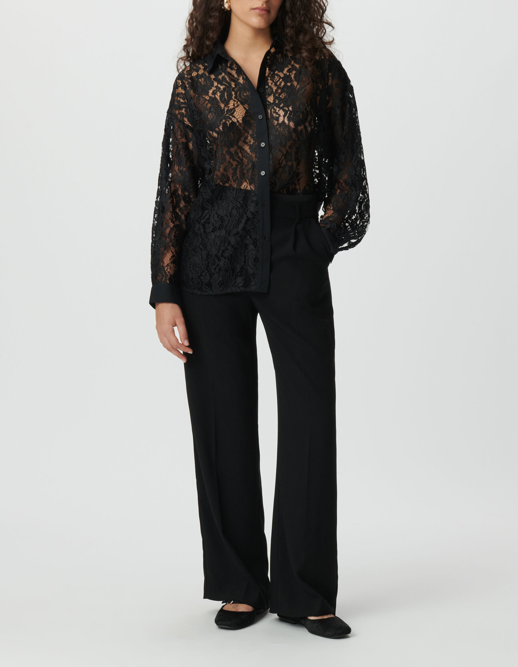 Women's black lace oversized long-sleeve shirt IKKS