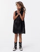 Girls’ black satin dress with smocked panel-1
