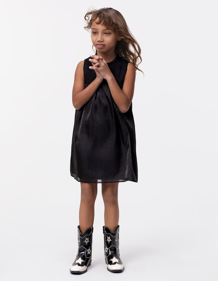 Girls’ black satin dress with smocked panel-1