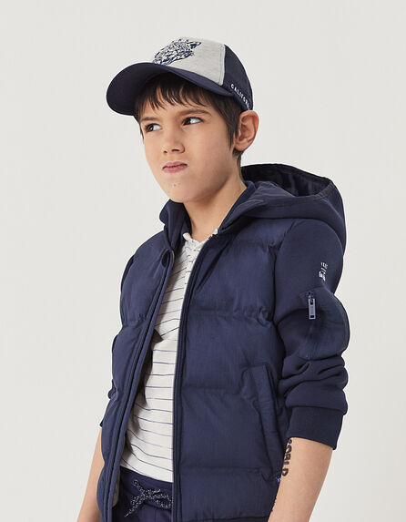 Boys' navy mixed fabric padded jacket with recycled filling