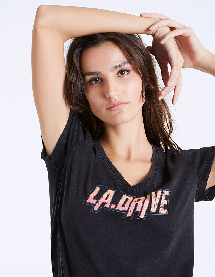 Tee-shirt col V coton noir visuel LA Drive femme-1 Tee-shirt col V coton noir visuel LA Drive femme-1