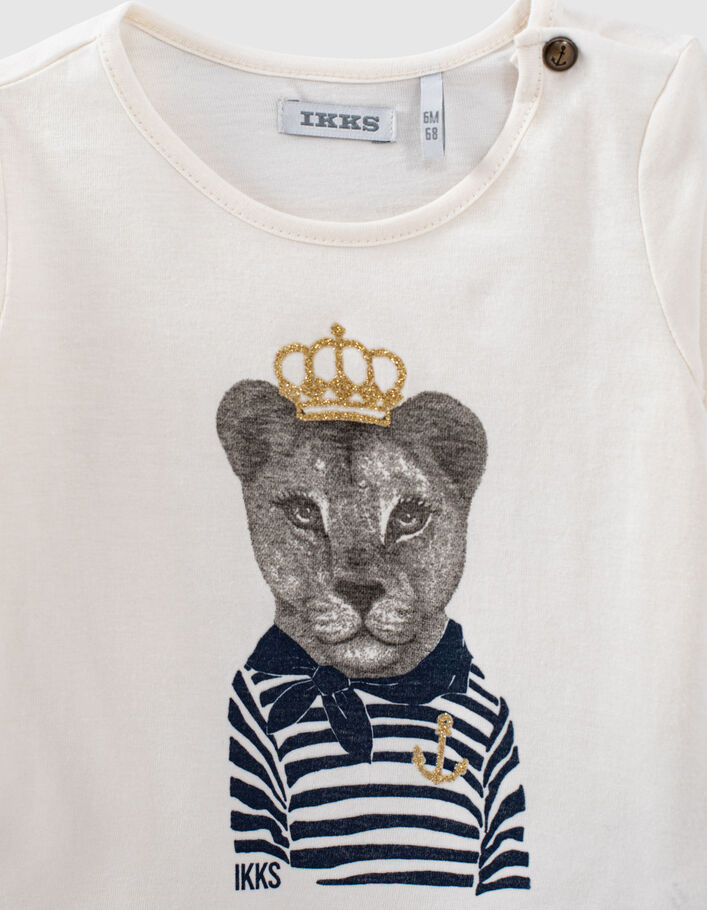 T-shirt écru bio visuel lionne-marinière bébé fille-3