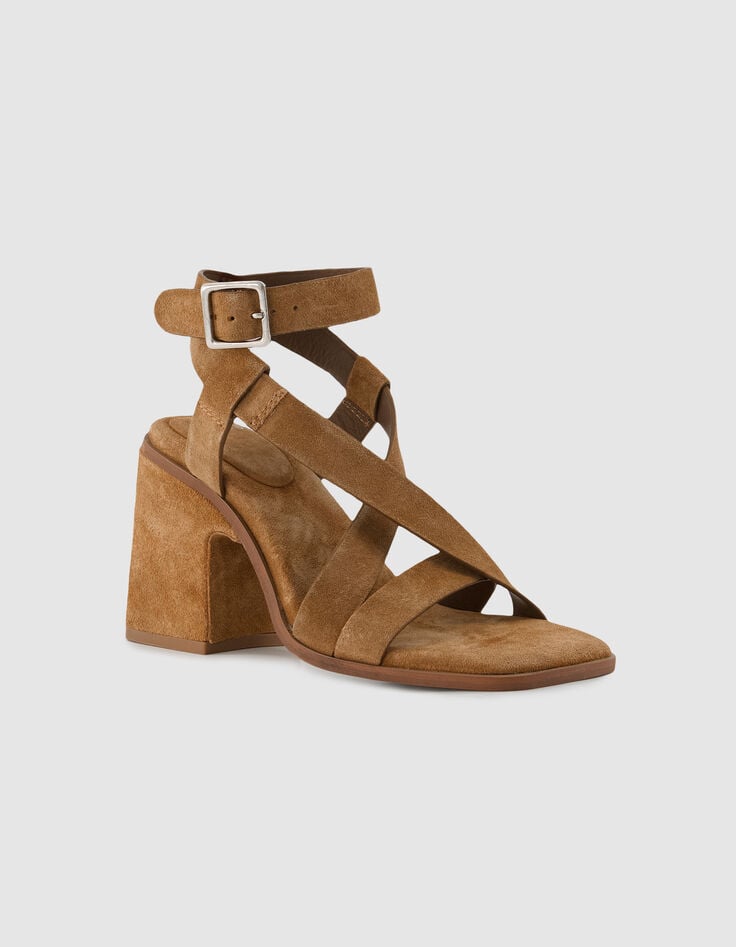 Sandales &agrave; talon taupe fonc&eacute; cuir velours Femme-2