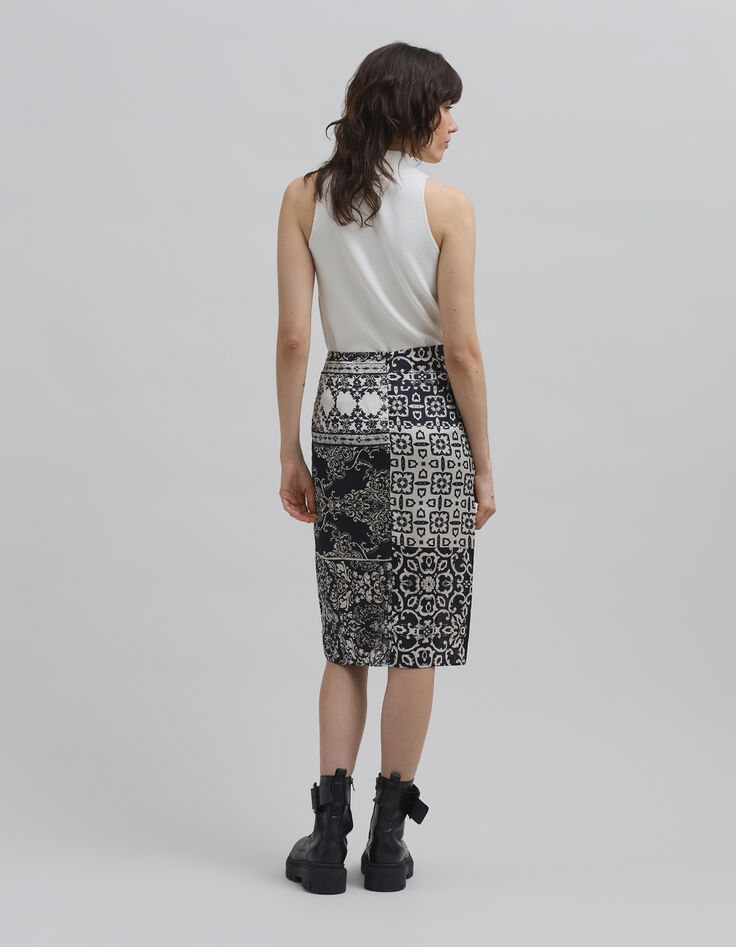 Falda negra fruncida estampado patchwork pa&ntilde;uelo Mujer-8