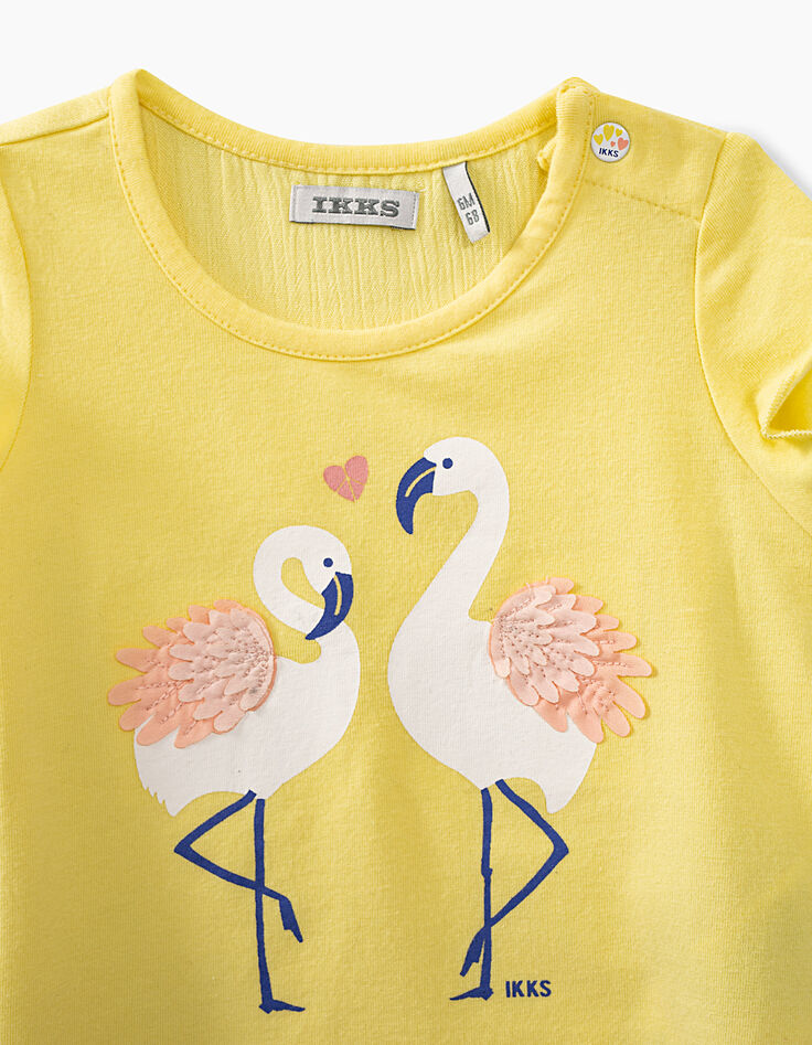 Baby girls’ light yellow T-shirt with pink flamingos-3