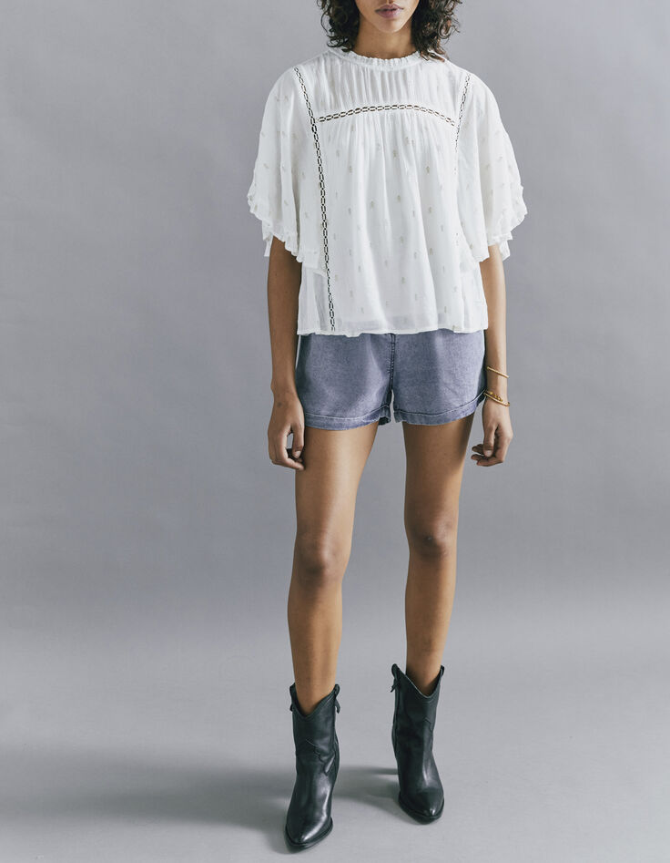 Ecru loose top inzet kant en fronsels dames-7