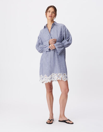 Blue striped shirt dress with lace for women - IKKS