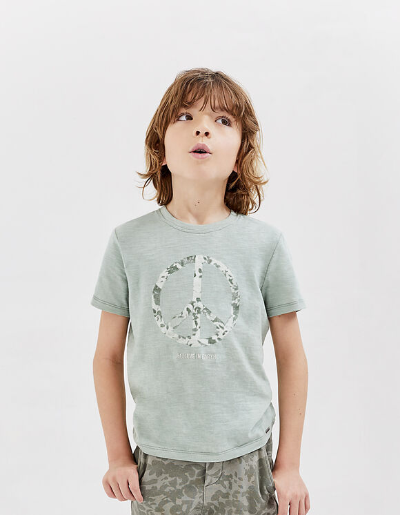 T-shirt amandel bio met peace&love symbool jongens 