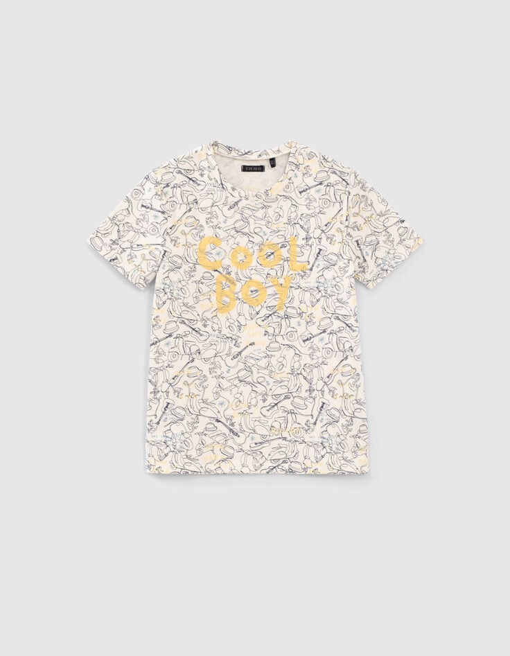 Ecru T-shirt biokatoen all-over lijntekeningen jongens-1