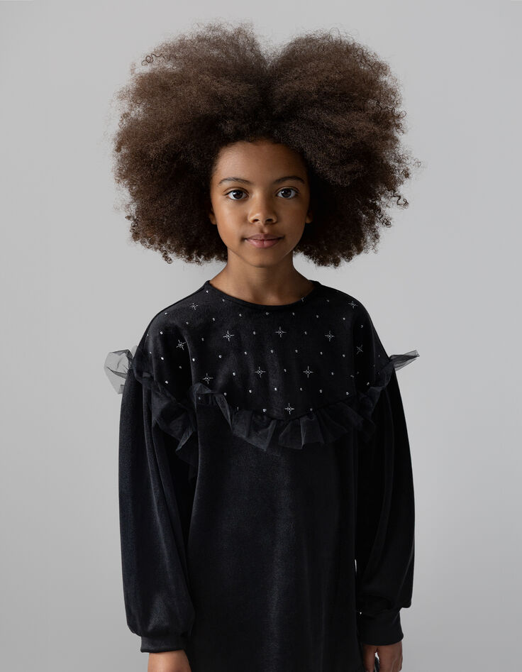 Girls’ black embroidered velvet dress with tulle ruffles-3