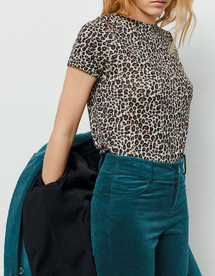 Damen-T-Shirt im Leo-Print aus Viscose und Leinen-2