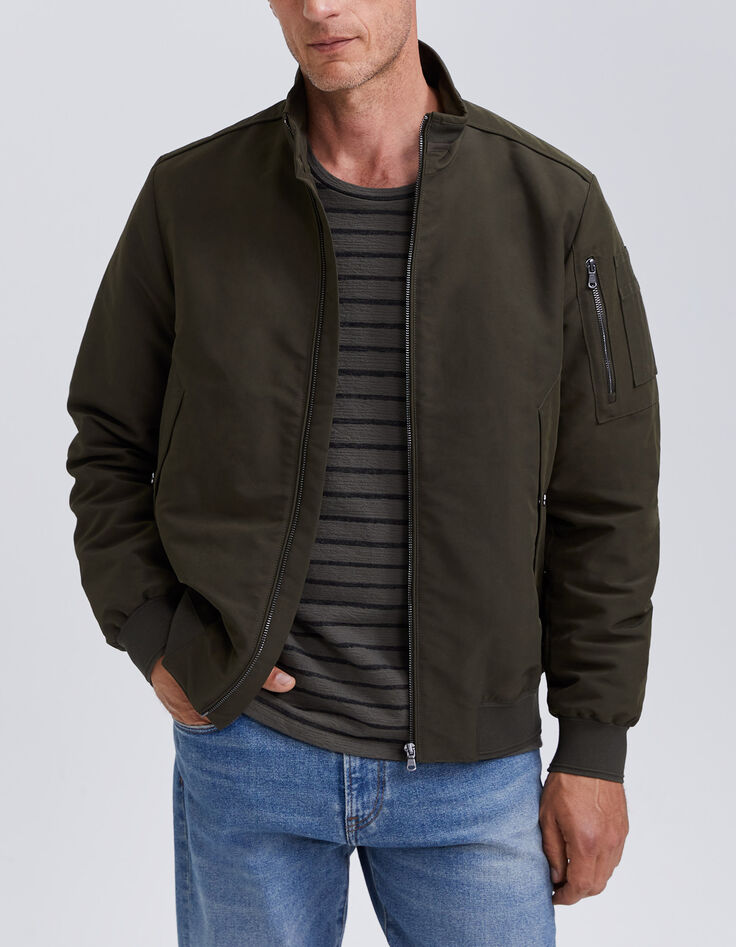 Men&rsquo;s khaki bomber jacket with Sherpa-lined collar-1