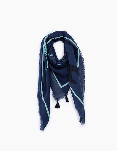 Women’s navy printed cotton fringed square scarf - IKKS
