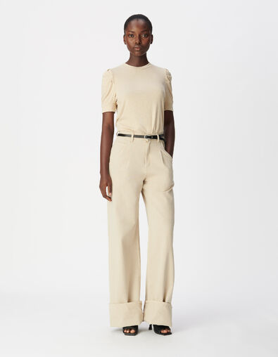 Tee-shirt col rond dor&eacute; paillet&eacute; manches fronc&eacute;es Femme - IKKS