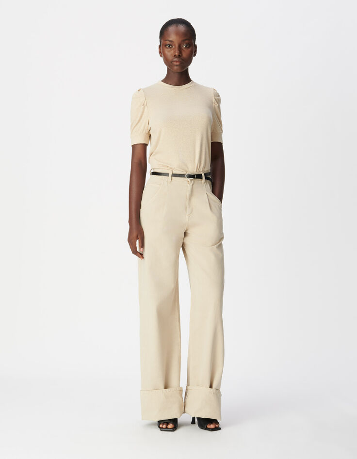 Tee-shirt col rond dor&eacute; paillet&eacute; manches fronc&eacute;es Femme-1