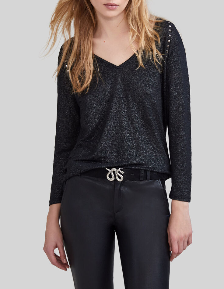 Zwart T-shirt in foil-linnen sieraadstuds dames-3