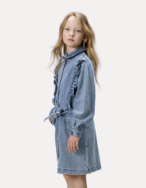 Girls’ blue denim belted dress with ruffled details - IKKS