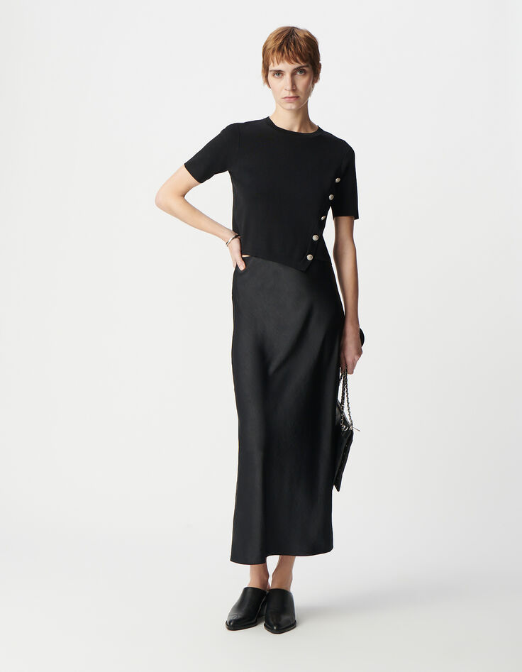 Asymmetrischer Damen-Kurzarmpullover aus Strick mit Knopfleiste, schwarz-1