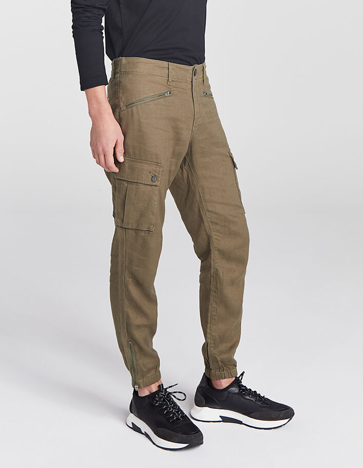 Men’s khaki linen elasticated cuff CROPPED combat trousers