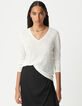 Dames-T-shirt van witte linnenblend met lange mouwen-4