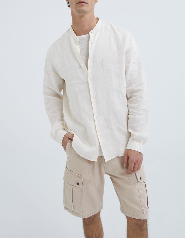 Men&rsquo;s chalk linen REGULAR Mandarin collar shirt-1