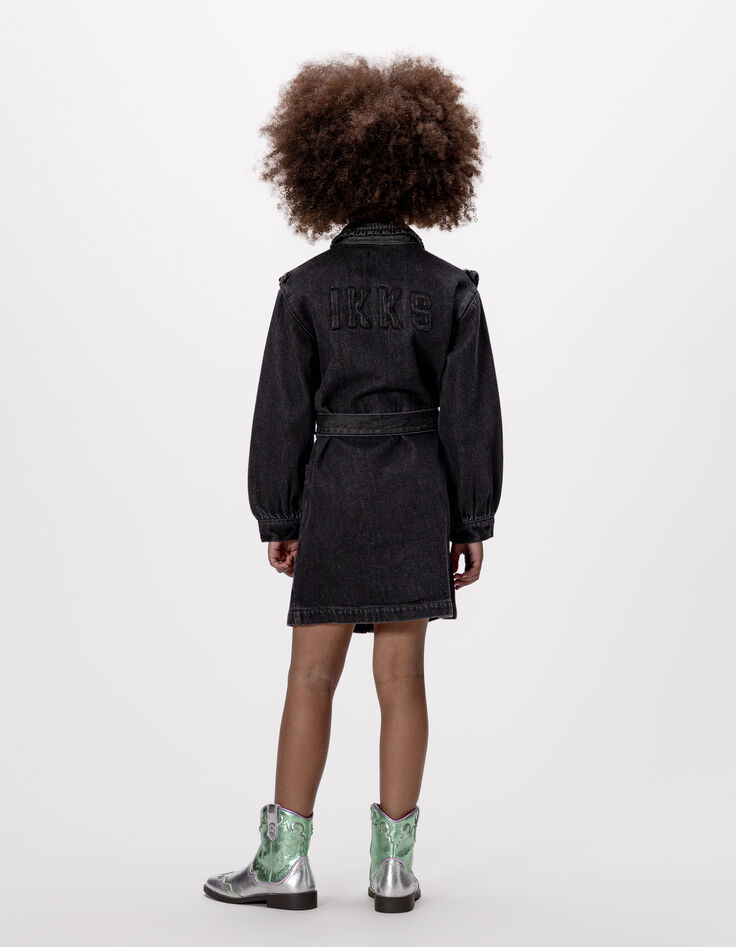 Robe en jean gris ceinturée détails volants fille-2