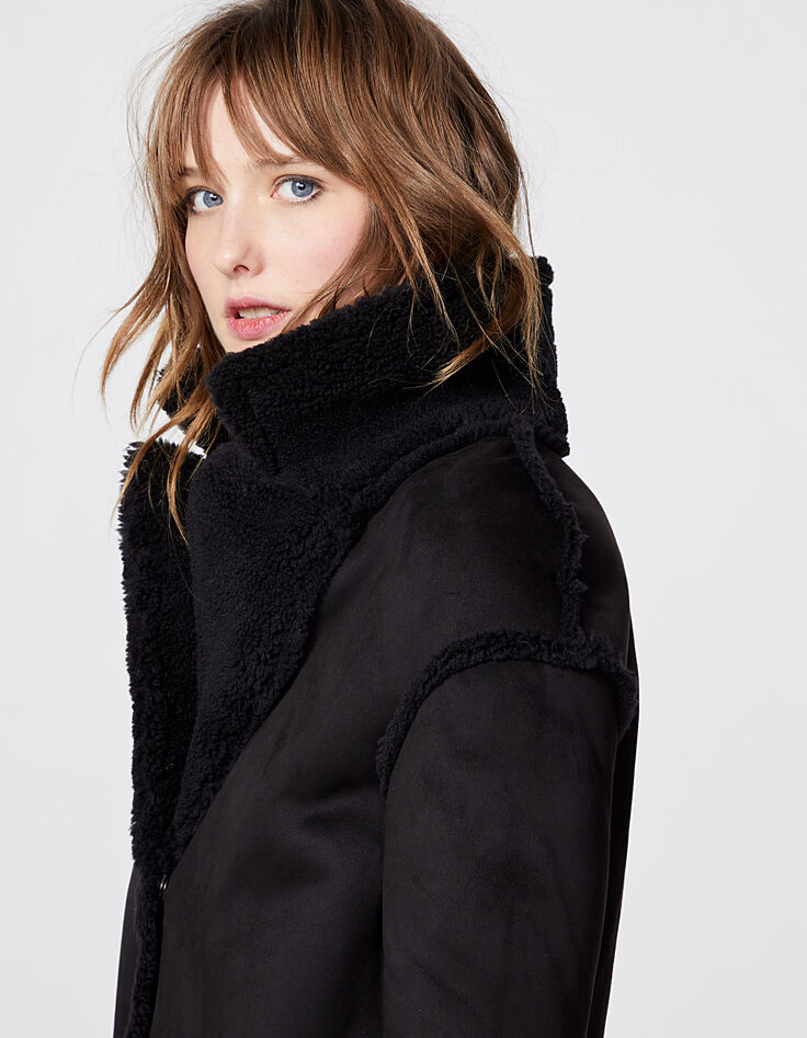 Women’s black faux shearling mid-length coat-5