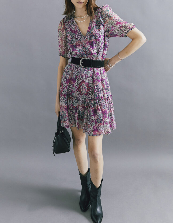 Robe courte en voile fuchsia imprimé bandana floral femme-7