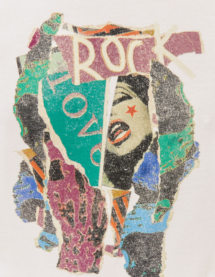Cremeweißes Damen-T-Shirt mit Arty-Collage Rock and Love-3