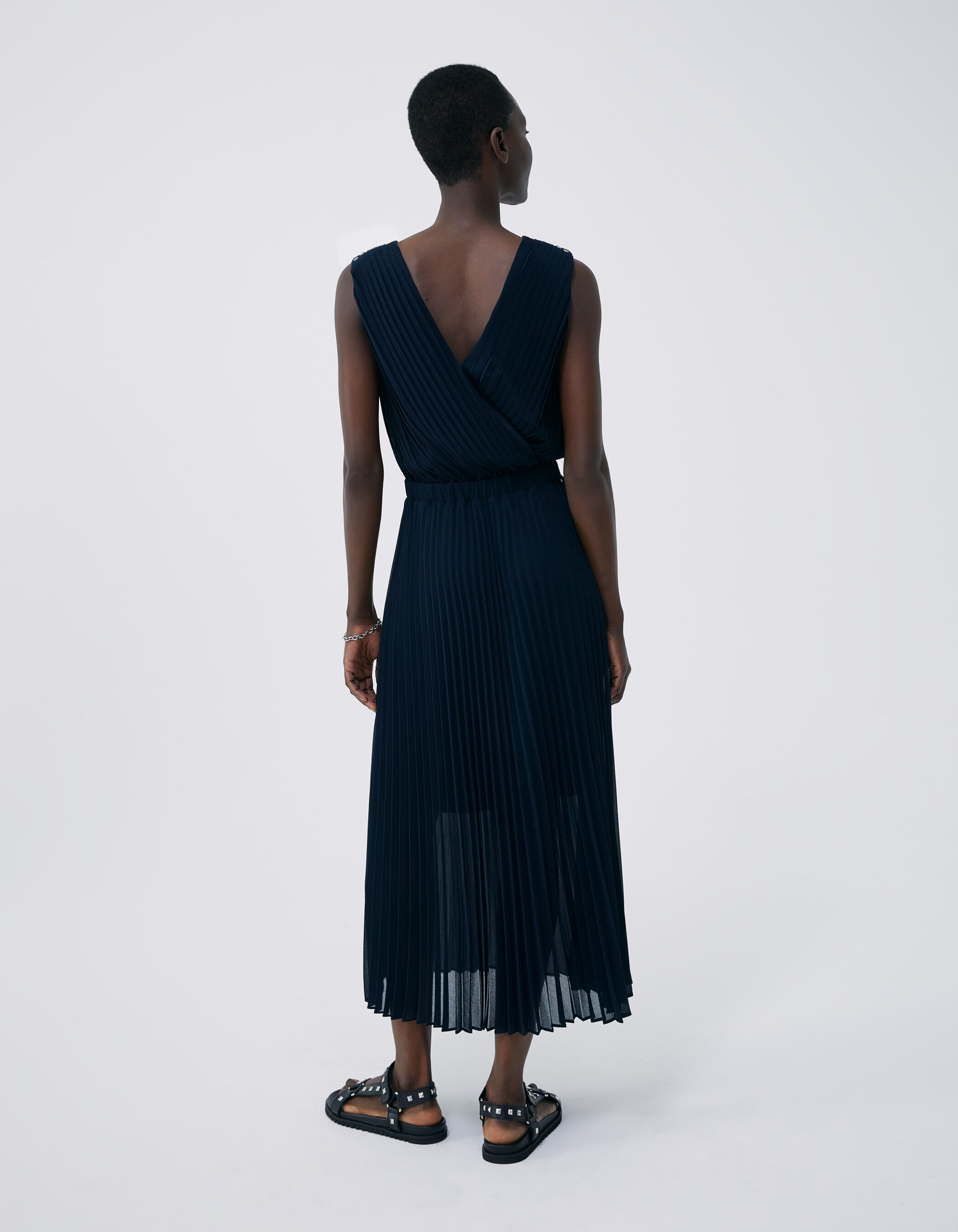 Robe longue marine cache c ur enti rement pliss e femme