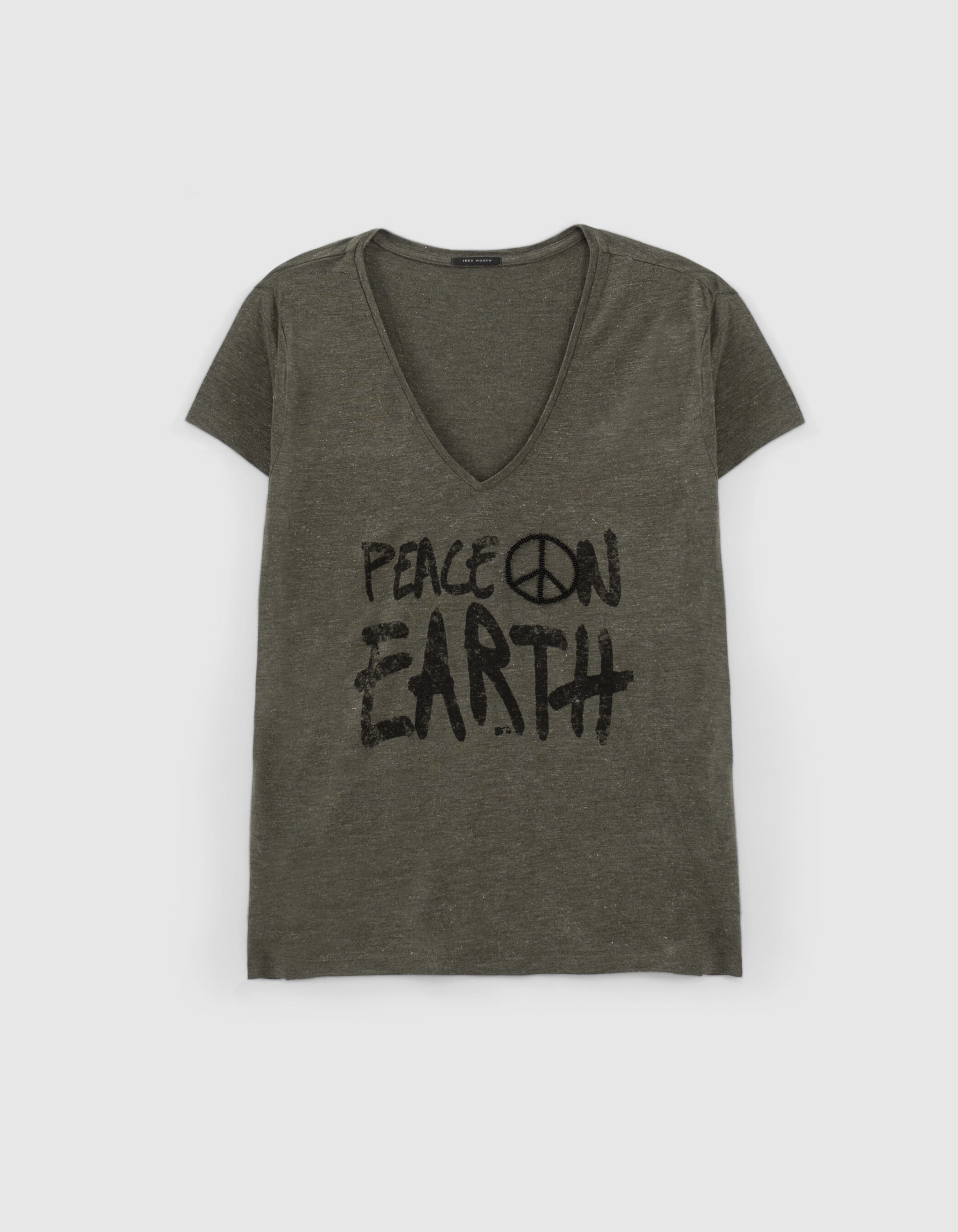 Women s khaki glittery loose T shirt slogan embroidery
