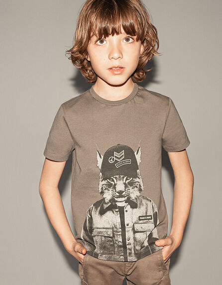 Jungen-T-Shirt mit Luchs-Mützen-Motiv in dunklem Khaki 