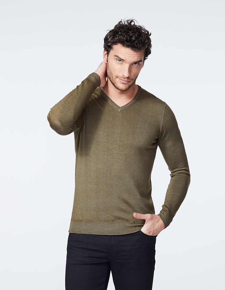 Jersey caqui cuello de pico de lana Hombre-2