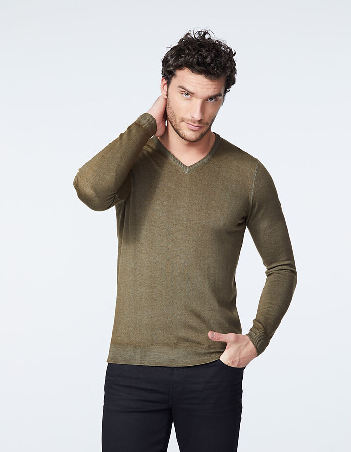 Men’s khaki wool V-neck sweater - IKKS