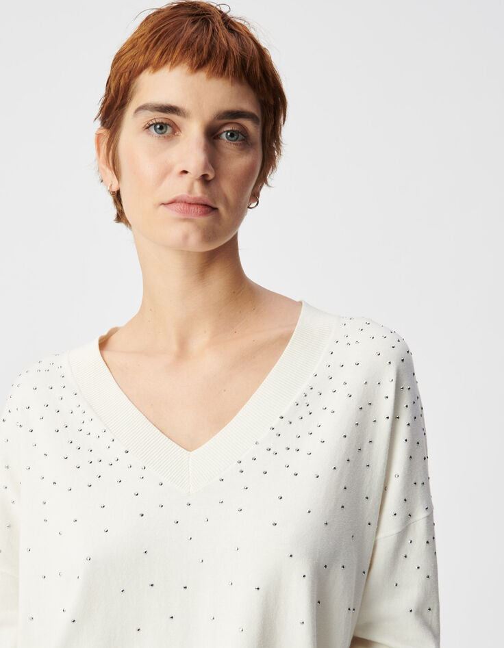 Wei&szlig;er Damen Strickpullover mit V-Ausschnitt und Nieten-4