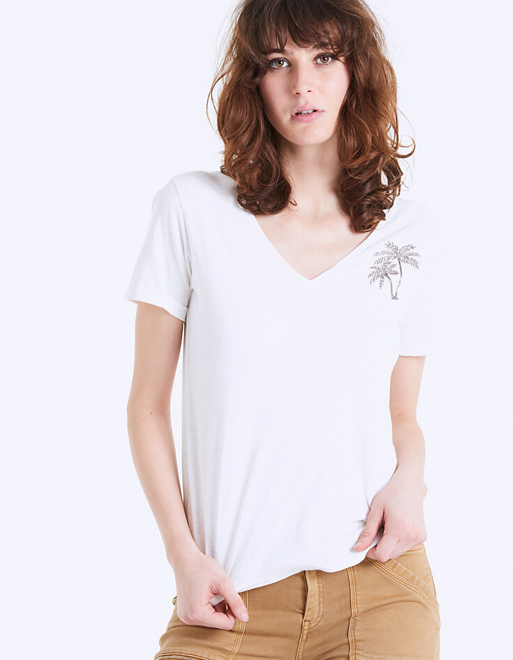 Tee-shirt col V broderie main bijou palmier femme-2 Tee-shirt col V broderie main bijou palmier femme-2