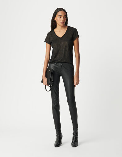 Tee-shirt col V noir en lin foil femme - IKKS