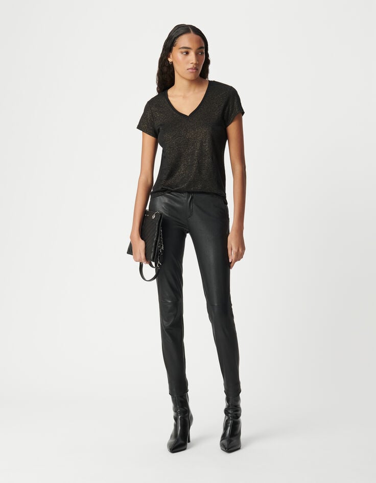 Tee-shirt col V noir en lin foil femme-1
