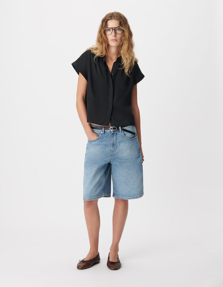 Schwarzes Damen-Top mit schwarzer Blumenstickerei-1