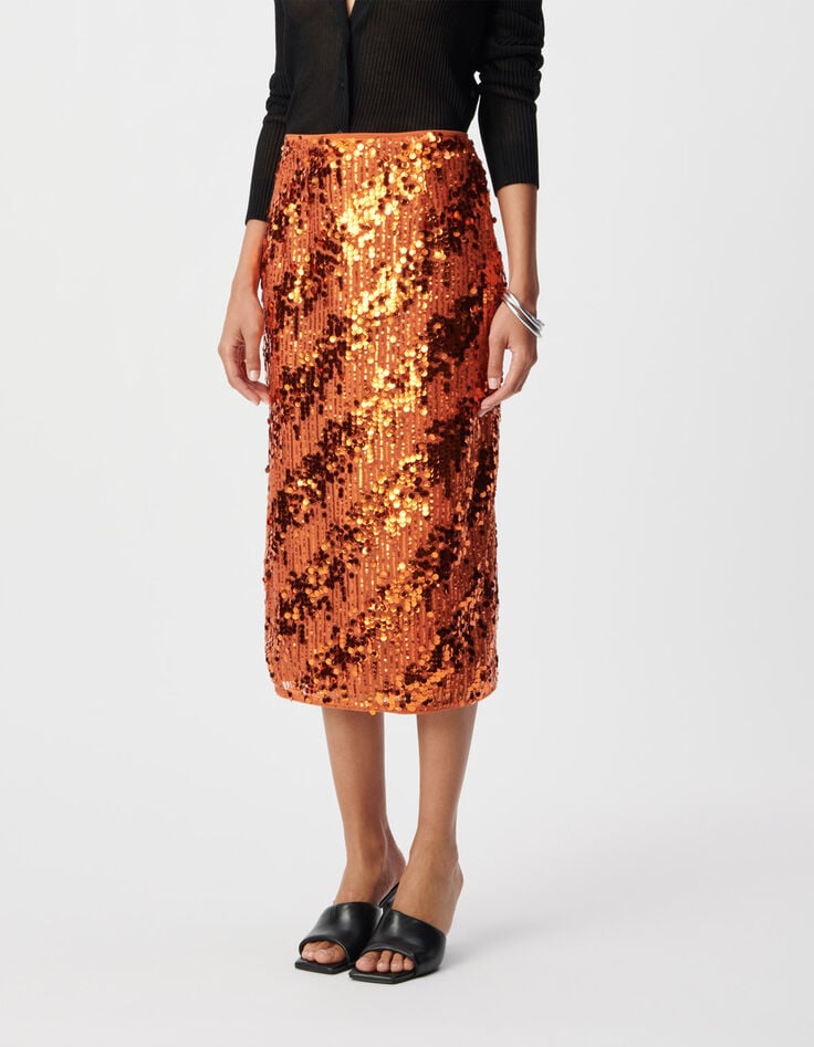 Midi sequinrok in pompoenkleur Dames-3