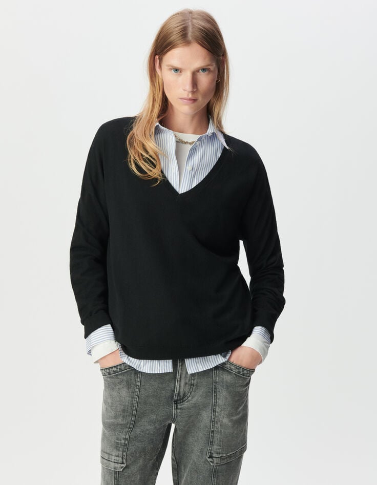 Schwarzer Damenfeinstrickpulli Fischgräten Strass hinten-2