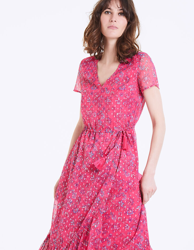 Robe longue cintrée voile imprimé floral pivoine métallisé-2