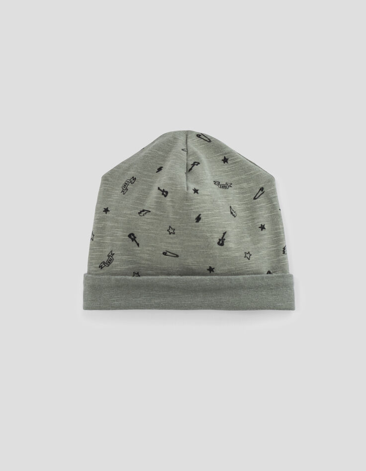 Baby’s khaki+rock print organic cotton reversible beanie-2