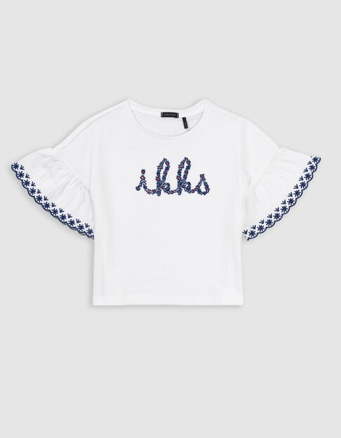 T-shirt blanc coton bio brodé IKKS marine fille - IKKS