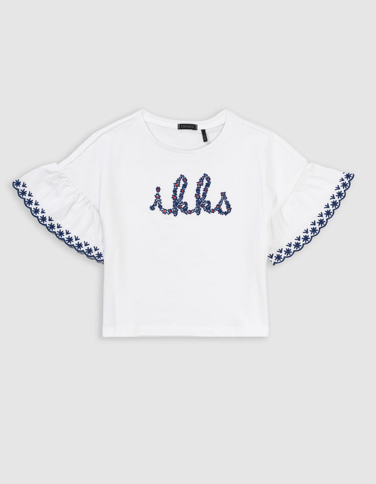 T-shirt blanc coton bio brodé IKKS marine fille-2