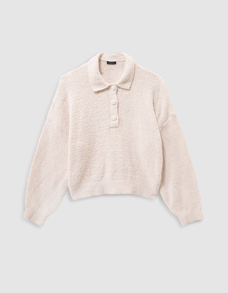 Beiger Mädchenpullover aus Frottee mit Knopfleiste-5