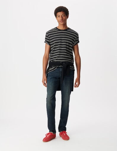 T-shirt marine maille gaufr&eacute;e motif rayures Homme - IKKS