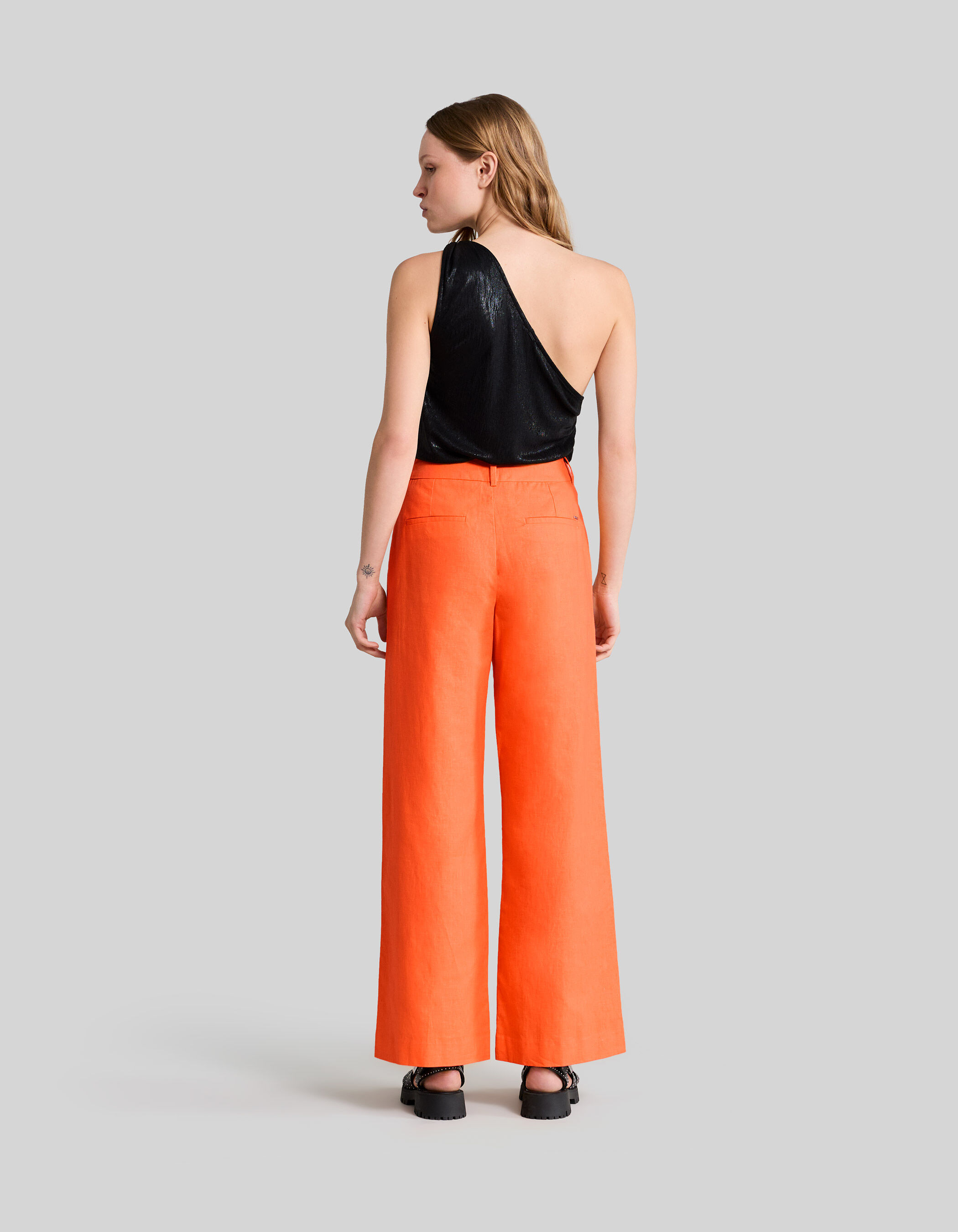 Pantalon de traje naranja algodon lino mujer IKKS