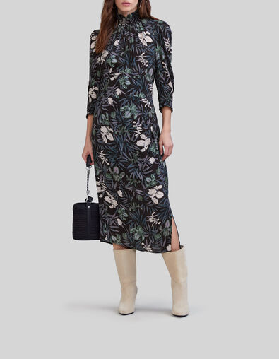 Zwarte midi-jurk LENZING™ ECOVERO™ orchideeprint Dames - IKKS