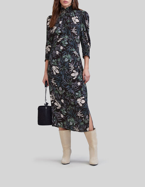 Zwarte midi-jurk LENZING™ ECOVERO™ orchideeprint Dames - IKKS